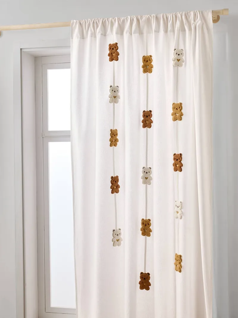 Vertbaudet Voile-Vorhang KLEINER BÄR mit Tunnelzug und Girlande lichtdurchlässig Kinderzimmer, Beige, – Produktbild 1 von 3