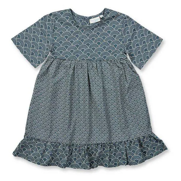 Sense Organics sense-organics Mädchenkleid mit Wellendruck, Modell NURIA, Abstrakter wellen-druck auf blaugrau, – Produktbild 1 von 2