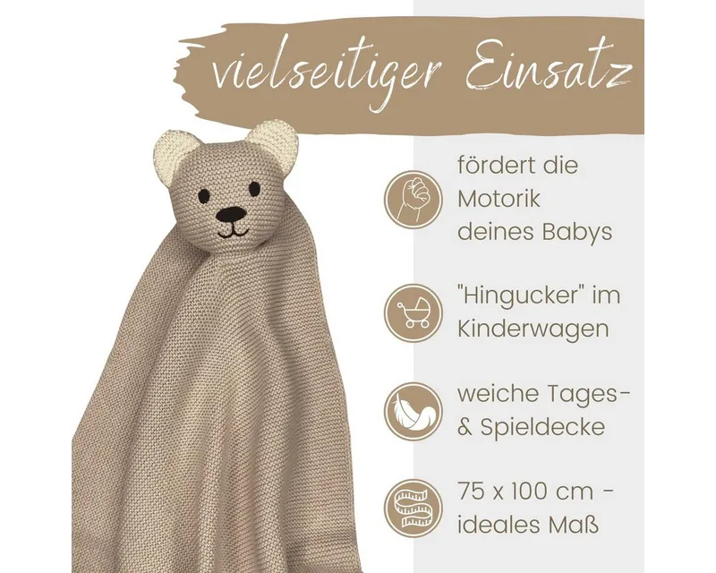 Babydecke DIKOS® Babydecke SCHMUSE-Bär Baby Geschenk Mädchen Junge Geschenkset, DIKOS, Geschenk zur Geburt, PREMIUM Qualität, 100 % BIO Baumwolle, Cappuccino, – Produktbild 4 von 5