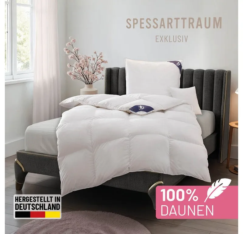 Spessarttraum Spessarttraum Daunenbettdecke Exklusiv 100% Daunen, hergestellt in Deutschland, Füllung: 100% Daunen, Klasse 1, Downpass zertifiziert, Bezug: 100% Baumwolle, Made in Green, Hausstauballergiker geeignet, 5 Wärmeklassen & 8 Größen, Bestseller, Weiß, – Produktbild 1 von 6