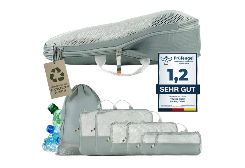 TRAVEL DUDE TRAVEL DUDE Packing Cubes mit Kompression aus recycelten Plastikflaschen, Grau, – Produktbild 1 von 8