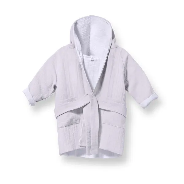 Mababu Mababu Bademantel Kinder mit Kapuze | 100% GOTS Bio-Baumwolle mit 2 Taschen und Gürtel | 1-6 Jahre | 4 Farben | Baby Bademantel, Ecru - grey, – Produktbild 2 von 4