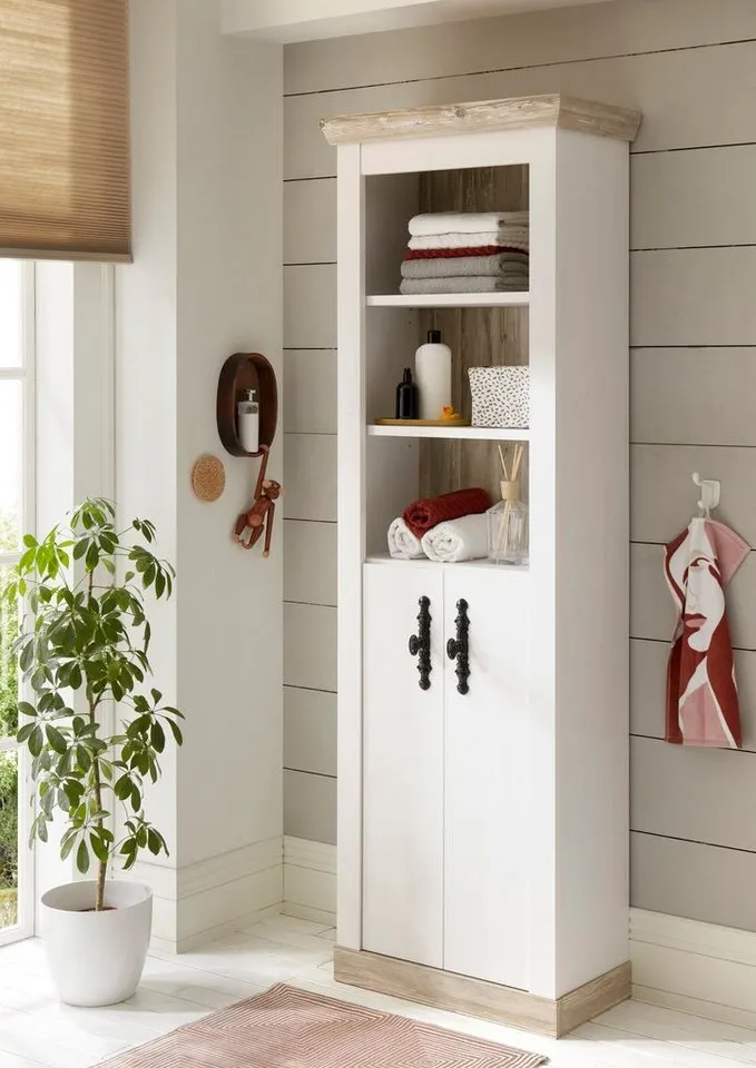 Home affaire Hochschrank Florenz, Badschrank im Landhausstil, Schrank mit Metallgriffen in Pinie Weiß, offene Fächer und ausreichend Stauraum hinter Drehtüren, Weiß, – Produktbild 3 von 5