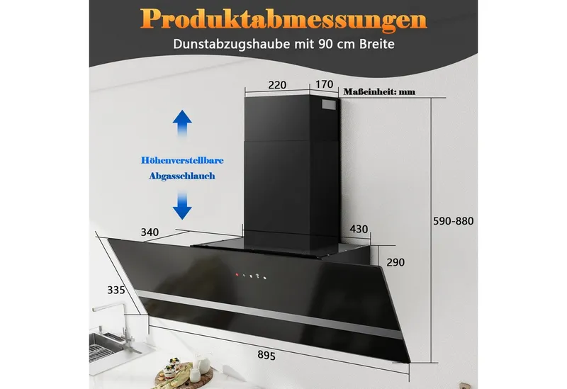 SNDOAS Kopffreihaube Dunstabzugshaube 90cm, Abluft/Umluft, 450 m³/h mit 3 Stufen + Boost Berührungssteuerung, Schräghaube, LED, A+++, Schwarz, – Produktbild 2 von 5