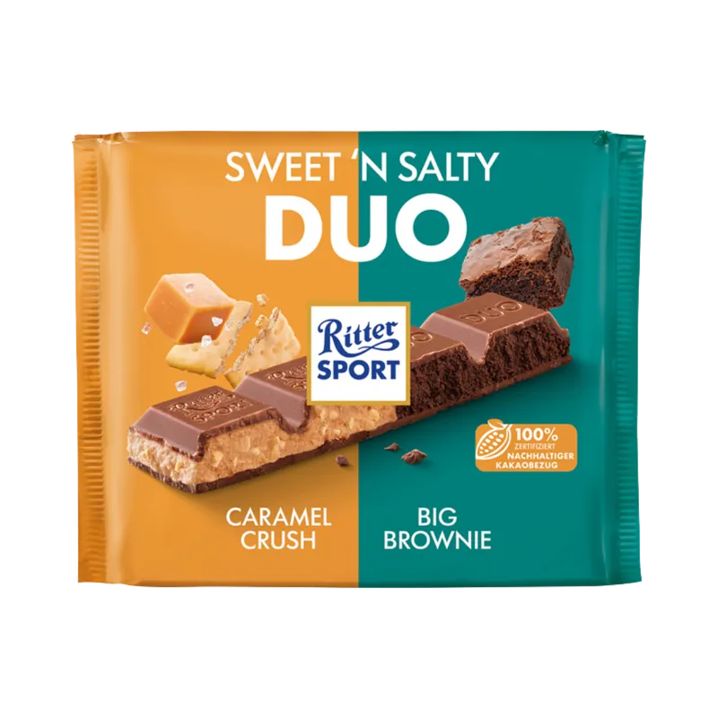 Ritter Sport Ritter Sport DUO Sweet'n Salty Caramel Crush / Big Brownie, 218 Gramm – Produktbild 1 von 1