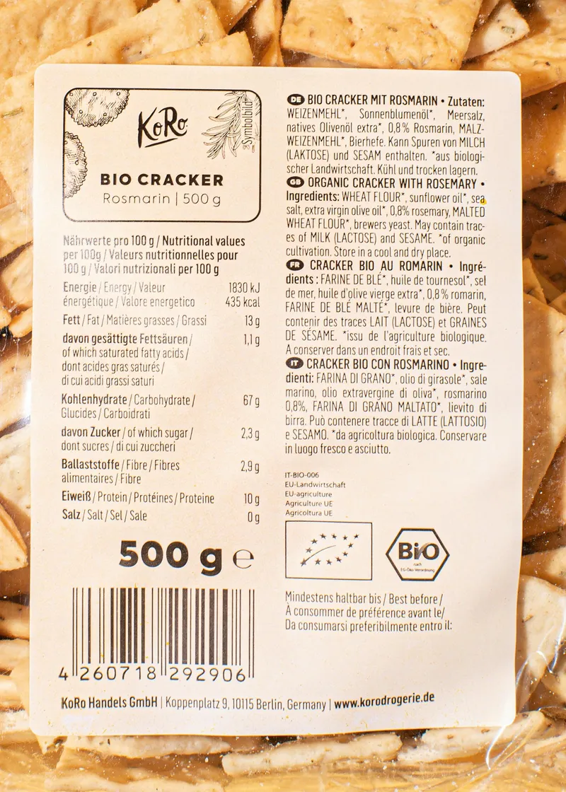 KoRo Bio Cracker Rosmarin 6 x 500 g – Produktbild 3 von 5