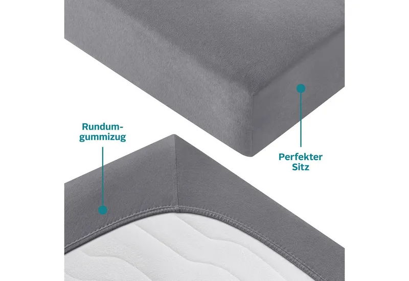 OTTO home Spannbettlaken VALJE in Melange-Optik, hochwertiger Baumwoll-Jersey 130g/m², Jersey, Gummizug: rundum, (1 Stück), Baumwolle, für Matratzen bis 25 cm Höhe, Bettlaken aus Melange-Garn, Blau, – Produktbild 4 von 5
