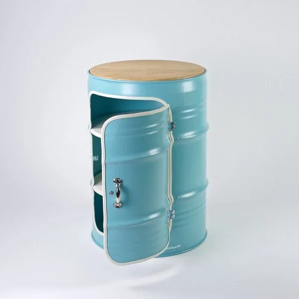 Lockengelöt Lockengelöt Nachttisch/Couchtisch mit Tür aus einem kleinen Ölfass, Türkis, – Produktbild 3 von 4