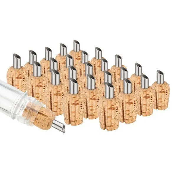 Kork-Deko Kork-Deko 25er Set: Ausgießer aus Naturkork | Flaschenausgießer mit Korken für Essig und Öle, mit Edelstahlröhrchen & Belüftungsschlitz – Produktbild 1 von 4