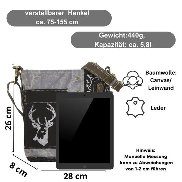 Domelo Domelo Umhängetasche. Canvas Trachtentasche mit Hirsch-Motiv, grau/ schwarz – Produktbild 8 von 8