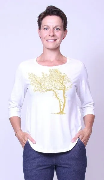 Peaces.bio - handbedruckte Biomode Peaces.bio - handbedruckte Biomode Bio-Damen-3/4 Arm Shirt- Fancy Tree, Weiss, – Produktbild 2 von 2