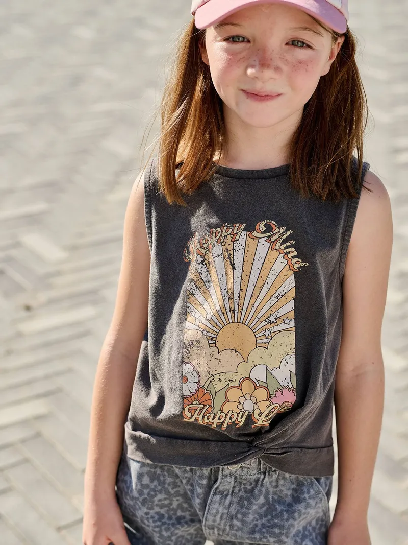 Vertbaudet Top mit Print & Zierknoten am Saum Mädchen, Anthrazit, – Produktbild 1 von 4