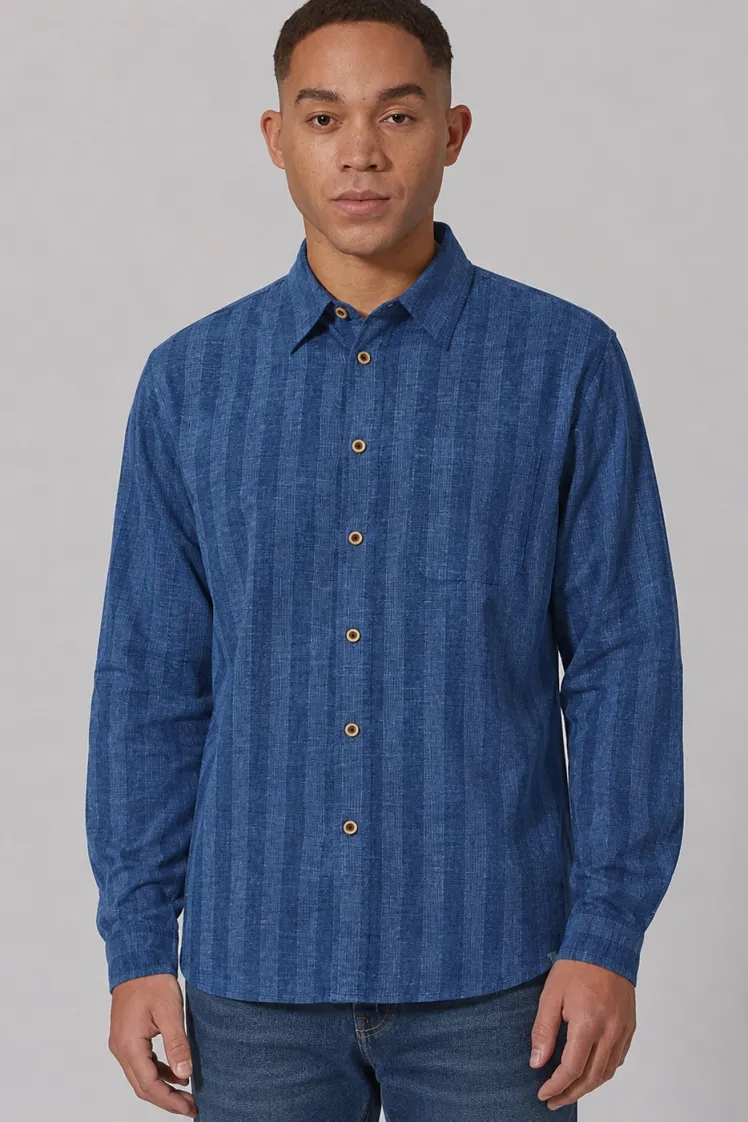 HempAge Hempage Herren vegan Gestreiftes Freizeithemd In Meeresblau, Blau, – Produktbild 2 von 2