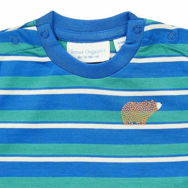 Sense Organics Sense Organics Baby Langarmshirt, Modell ELAN, Petrolgrün geringelt mit bär, – Produktbild 2 von 3