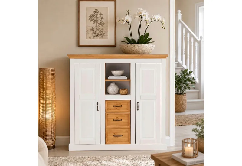 OTTO home Highboard Selma Kommode mit 2 Türen, 3 Schubläden und 8 Fächer, Metallgriffe, massives Kiefernholz, natürliche Maserung & Metallgriffe, 130cm breit, Weiß, – Produktbild 3 von 5