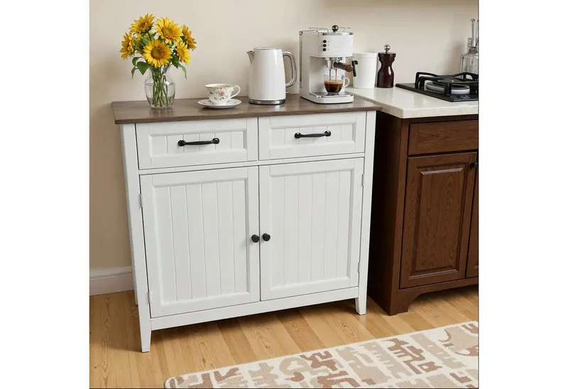 Blishom Buffet Sideboard Küchenschrank mit 2 Schubladen, 90 x 40 x 82 cm Die Einlegeböden sind verstellbar, Grau, – Produktbild 3 von 5