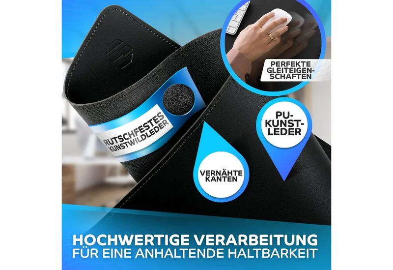 MAXLVL Gaming Mauspad Schreibtischunterlage - Mauspad mit Vernähte Kanten - abwaschbar (in 80x40 cm / 60x35 cm, Schreibtisch Unterlage für Büro), Tischunterlage Schreibtisch aus PU-Leder, Schwarz, – Produktbild 2 von 5