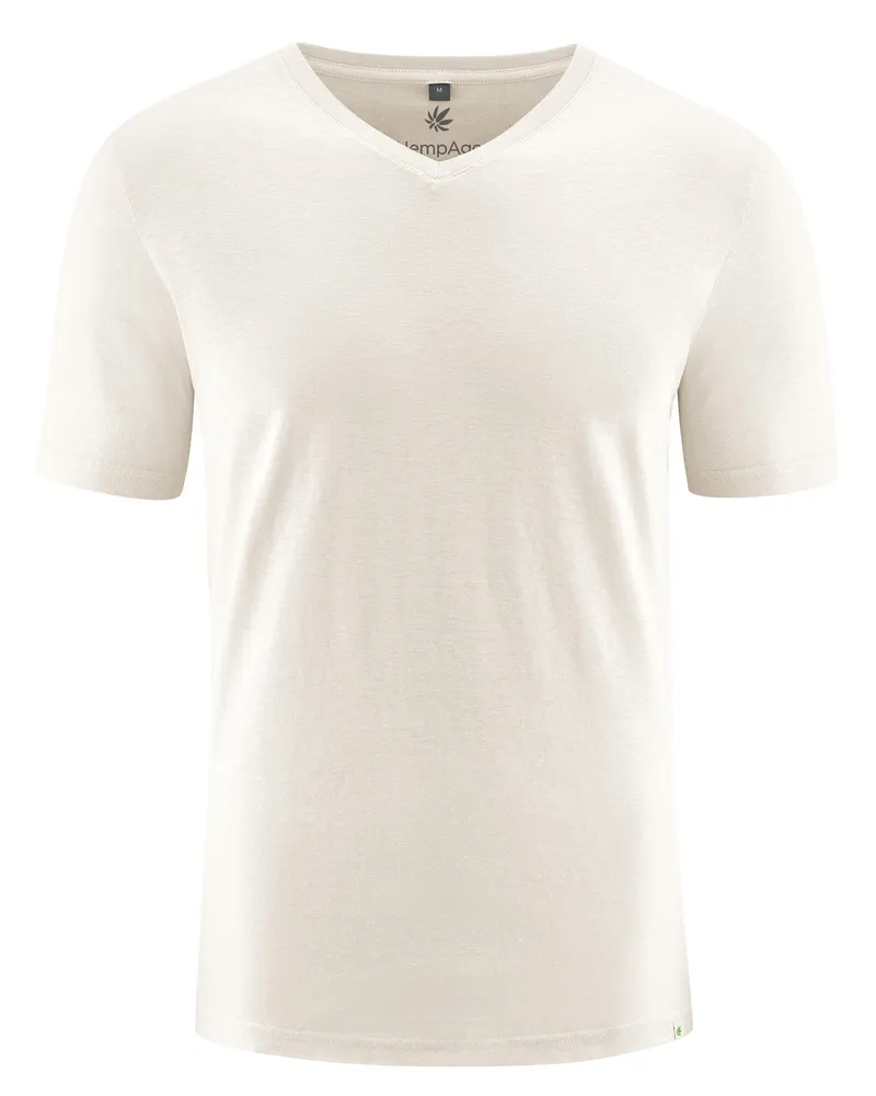 HempAge Hempage Herren vegan T-Shirt Mit V-Ausschnitt, Schmal Geschnitten, Cremefarben, Weiß, – Produktbild 1 von 2
