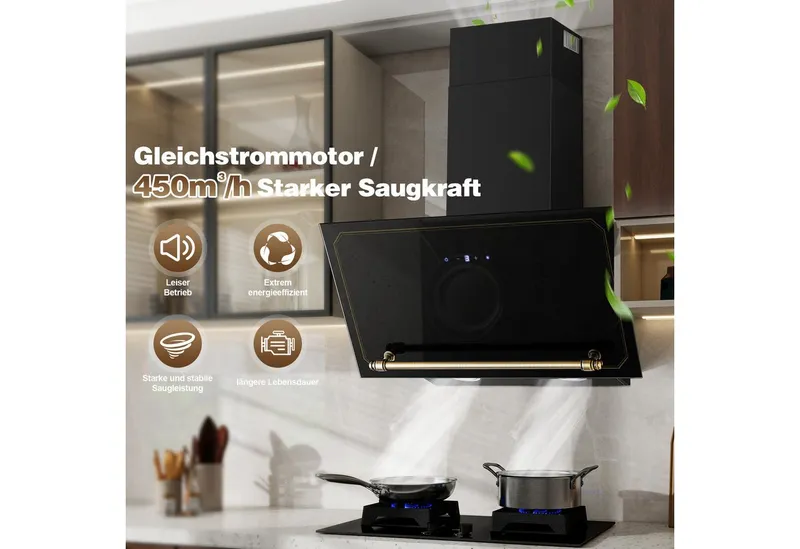 SNDOAS Kopffreihaube Dunstabzugshaube 60cm, 450 m³/h Umluft, 3 Stufen + Booster, A+++ Touchscreen Schräghaube, Abluft/Umluft mit LED, Schwarz, – Produktbild 3 von 5