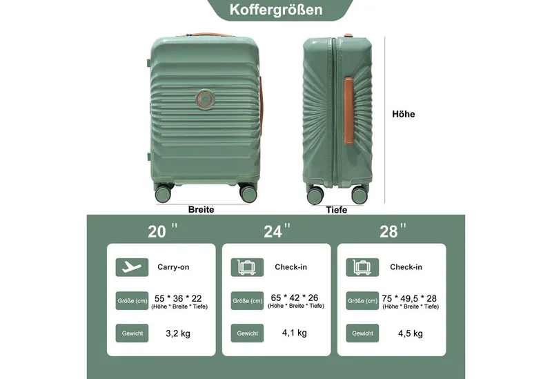 Travelhouse Hartschalen-Trolley Capri, 4 Rollen, PC Hartschale, USB + USB C Anschluss, Rollenbremse, Grün, – Produktbild 4 von 5