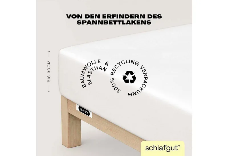 Schlafgut Schlafgut Spannbettlaken EASY JERSEY ELASTHAN Bettlaken, 170 g/m², 95% Baumwolle, 5% Elasthan, Jersey, Gummizug: rundum, (1 Stück), Spannbettlaken bis 30 cm Höhe, bügelfrei, pflegeleicht, perfekter Sitz, Weiß, – Produktbild 2 von 5