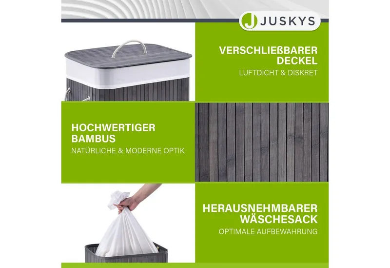 Juskys Wäschekorb Curly 72 L in Grau aus Bambus mit Deckel & waschbarem Wäschesack, Wäschesammler für 2 Personen, faltbar mit Griffen, 40 x 30 x 60 cm, Grau, – Produktbild 3 von 5