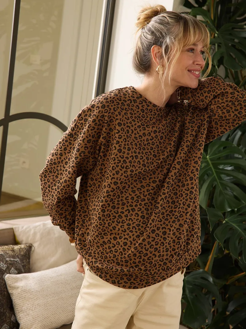Envie De Fraise Damen Sweatshirt Mama-Tochter-Capsule LEOPARD ENVIE DE FRAISE 100% Bio-Baumwolle GOTS-zertifiziert personalisierbar, Beige, – Produktbild 2 von 4