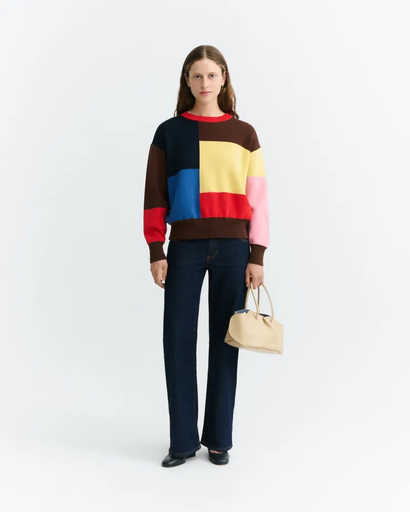 thinking mu Thinking MU Damen vegan Pullover Petra Color Block In Gelb/Braun/Rot, Dunkelbraun, – Produktbild 1 von 2