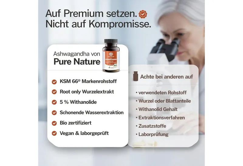 Pure Nature BIO Ashwagandha Kapseln KSM-66 hochdosiert, 30 mg Withanolide Kapseln, 67 g – Produktbild 5 von 5