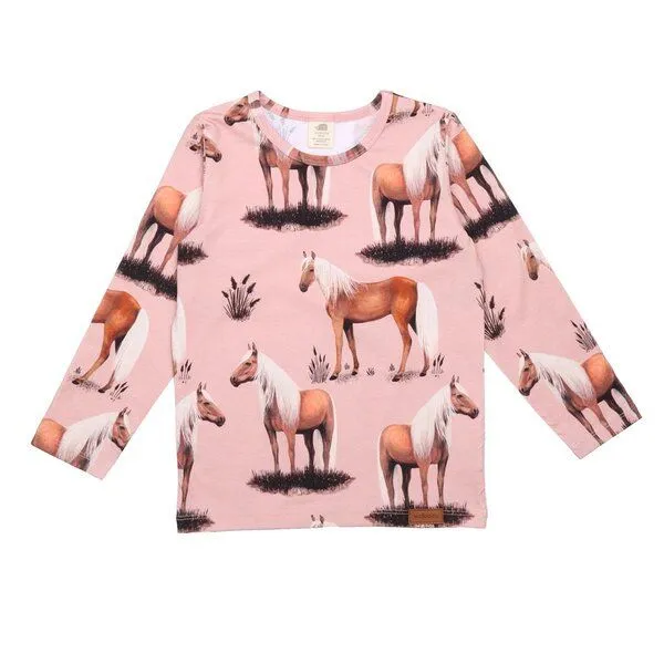Walkiddy Walkiddy Kinder Langarmshirt GOTS zertifiziert Bio-Baumwolle Rosa Pferde-Print Allover „Beauty Horses“ – Produktbild 1 von 2