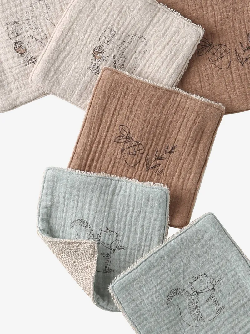 Vertbaudet 6er-Pack Waschlappen mit Aufbewahrungsbeutel Eichhörnchen, Pack beige, – Produktbild 2 von 3