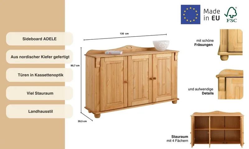 OTTO home Sideboard Adele, Kommode, 3-türig, Breite 130 cm, aus massiver Kiefer, FSC®, Beige, – Produktbild 3 von 4
