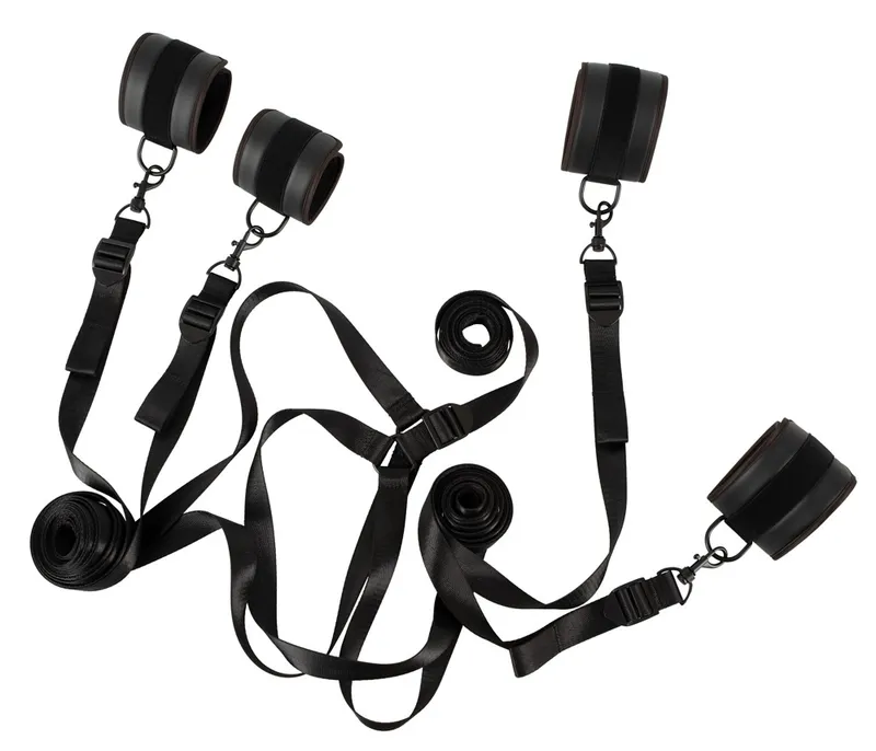 Vegan Fetish Bettfessel-Set mit Hand- und Fußfesseln in stilvoller Lederoptik, Schwarz, – Produktbild 3 von 5