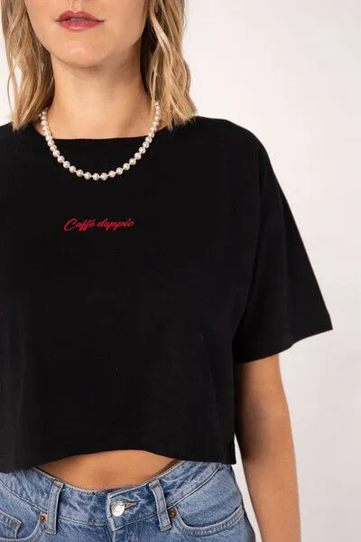 Coffee Fashion Coffee Fashion Caffé doppio Besticktes Bio Baumwoll Crop Top, Schwarz, – Produktbild 1 von 4