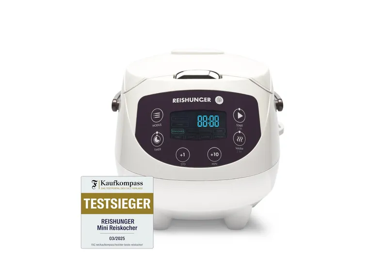 Reishunger Reishunger Reiskocher Digital Mini – 0,6 L – Multikocher – 8 Programme – Keramikbeschichtung, 350 W, Dämpfeinsatz, Messbecher, Reislöffel, Timer- und Warmhaltefunktion, Lila|weiß, – Produktbild 1 von 5