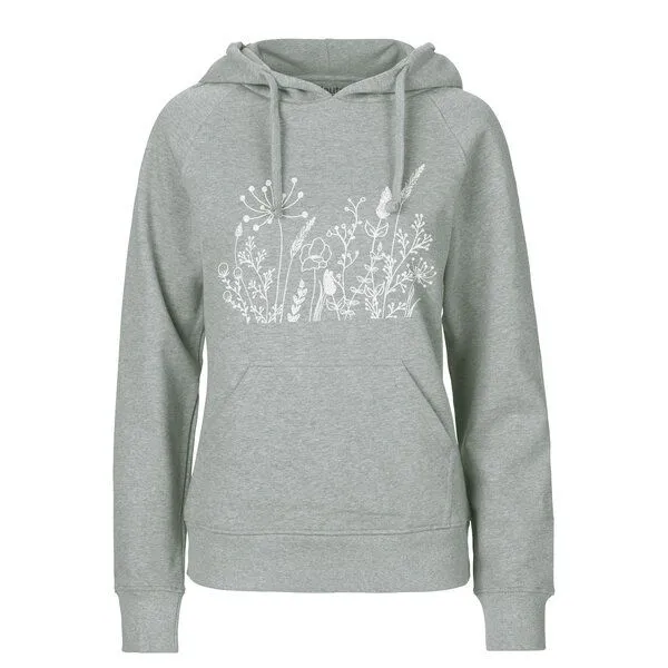 HANDGEDRUCKT HANDGEDRUCKT "Wilde Wiese" Frauen HOODY aus reiner Biobaumwolle (kbA), Grey, – Produktbild 1 von 2