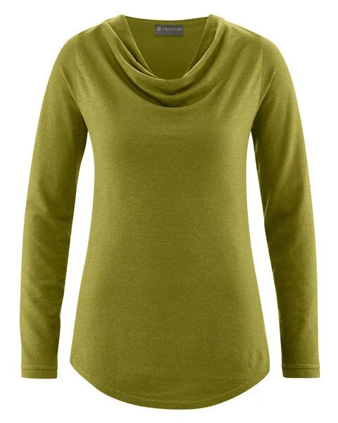 HempAge HempAge Langarmshirt mit Wasserfallkragen Hanf/Lyocell, Pasture (grün), – Produktbild 2 von 4