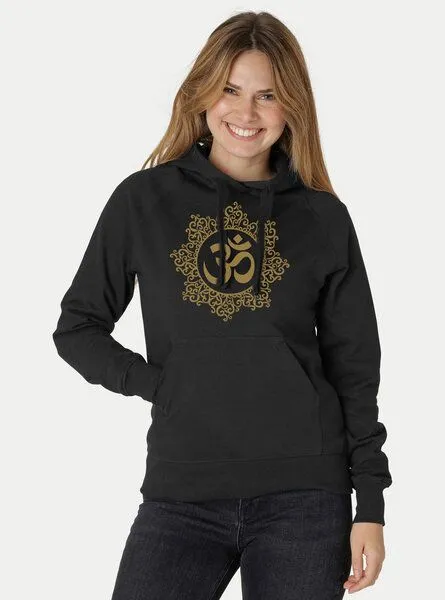 Peaces.bio - handbedruckte Biomode Peaces.bio - handbedruckte Biomode Bio-Damen-Kapuzensweater "Classic-Om", Schwarz, – Produktbild 2 von 3
