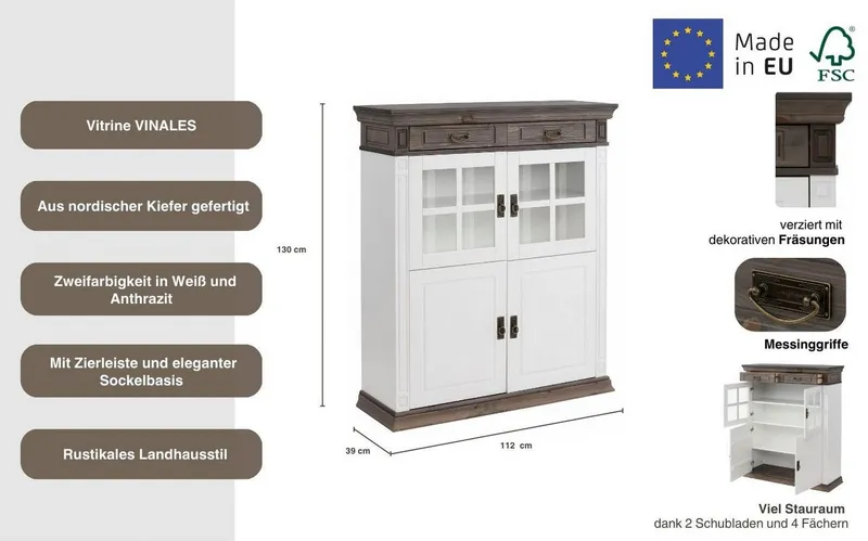 OTTO home Highboard Vinales, 2 Schubladen, 4 Türen, 3 Einlegeböden, Griffe im Jugendstil (B/T/H:112/39/130 cm), Vitrine, Breite 112 cm, aus massiver Kiefer, FSC®, Weiß, – Produktbild 1 von 4