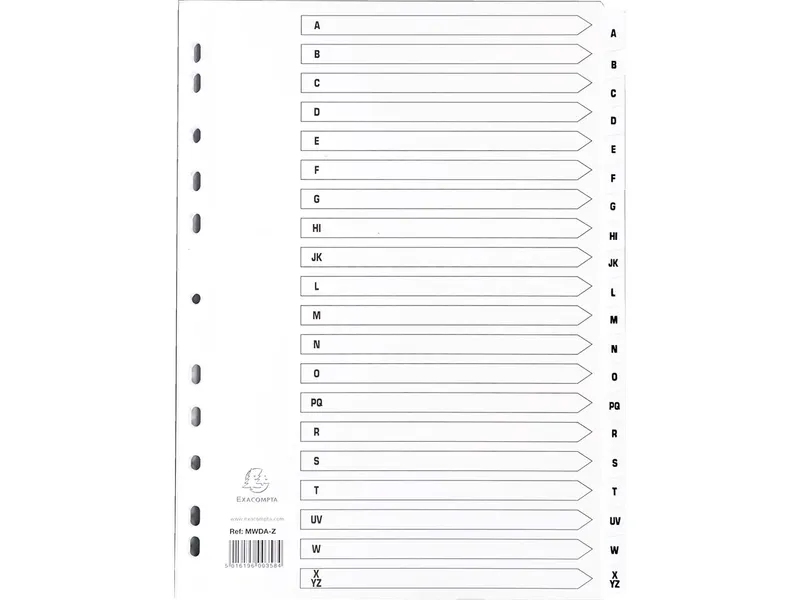10 Exacompta Register, 20 bedruckte Taben A-Z, 160 g/m², DIN A4, weiß – Produktbild 1 von 1