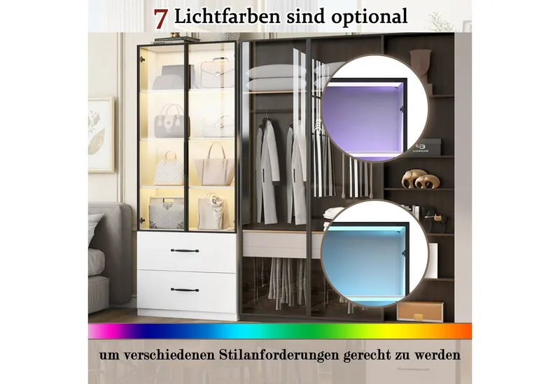 Merax Glasvitrine mit LED-Beleuchtung (60x40x160cm, 1-St., für Wohnzimmer Schlafzimmer) Vitrine mit 2 Schubladen, Hochschrank Stehend Vitrinenschrank, Weiß, – Produktbild 4 von 4