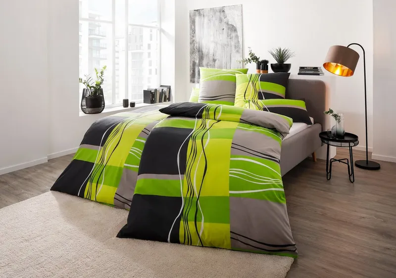 OTTO home Bettwäsche Kelian in Gr. 135x200, 155x220 cm u.a. Bettwäsche-Set mit Baumwolle, Linon, 2 teilig, in verschiedenen Qualitäten, gemusterte Bettwäsche, Grau|grün, – Produktbild 1 von 6