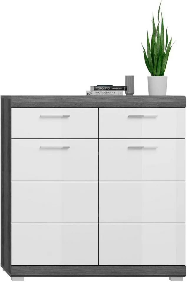 Home affaire Schuhschrank SIENA, Breite 90 cm, 2 Türen, 2 Einlegeböden, 3 Fächer, 2 Schubkästen (1-St., hochwertige Rillenfräsung in MDF Front) Schuhkommode, Kommode, Anrichte, Sideboard, Silberfarben, – Produktbild 7 von 8
