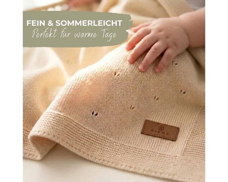 Babydecke DIKOS® aus *100%* Bio Baumwolle, Strickdecke, Geschenk zur Geburt, DIKOS, PREMIUM Qualität, Sommerdecke Ajour, 75x100, atmungsaktiv, weich, Beige, – Produktbild 2 von 5