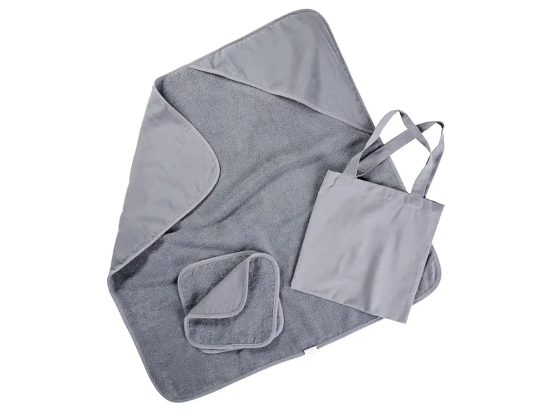 HANS NATUR HANS NATUR Baby Kapuzenhandtuch und 2 Waschlappen Bio Baumwolle Frottee blau Maße 23 x 23 cm und 77 x 75,5 cm, Grau, – Produktbild 1 von 2