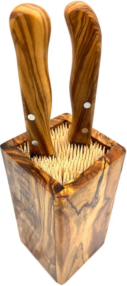 Olivenholz erleben Olivenholz erleben Messerblock DESIGN eckig, aus Olivenholz (1tlg), Flexible Holzspieße für sichere und schonende Messeraufbewahrung, Braun, – Produktbild 3 von 3