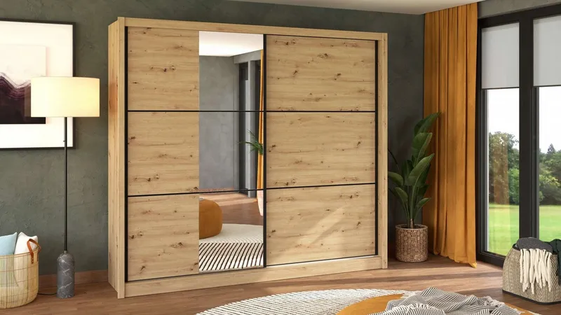 Home affaire Schwebetürenschrank Navara Kleiderschrank mit Spiegel Wäscheschrank Garderobe Kleiderschrank mit Spiegel, FSC®-zertifiziert, 242,5x215,5x61cm, Beige, – Produktbild 2 von 5