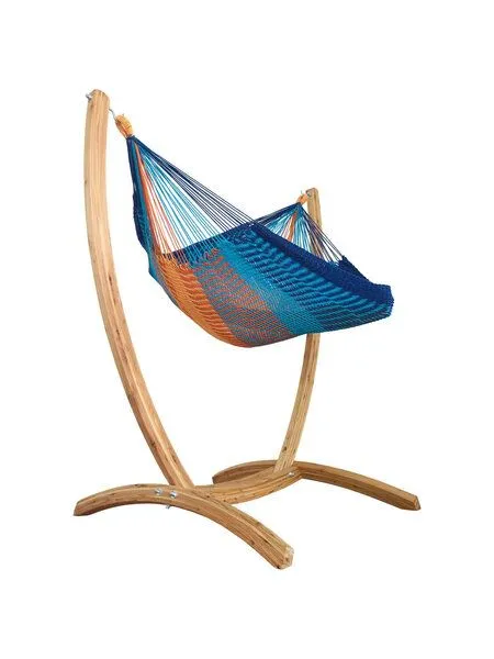 MacaMex MacaMex Hängesessel SET – Uve Holzständer mit Vela Netzhängesessel, Breeze-blau-orange, – Produktbild 2 von 4