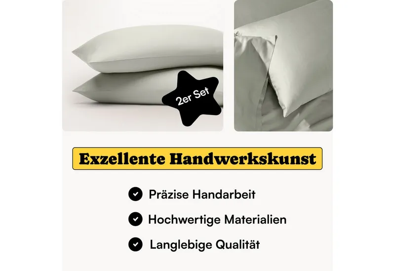 Seralino Kissenbezüge Mako Satin Kissenbezug (100% Bio Baumwolle) weich, hautfreundlich, (2 Stück), Fairtrade/ GOTS zertifizierte uni Kissenhülle mit Reißverschluss, Grün, – Produktbild 3 von 8