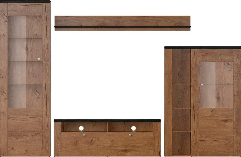 OTTO home Wohnwand Larona, Anbauwand, Set 4 Teilig, (Set, 4-St), bestehend aus 1 TV-Board, 1 Highboard, 1 Vitrine, 1 Wandregal, Braun, – Produktbild 3 von 5